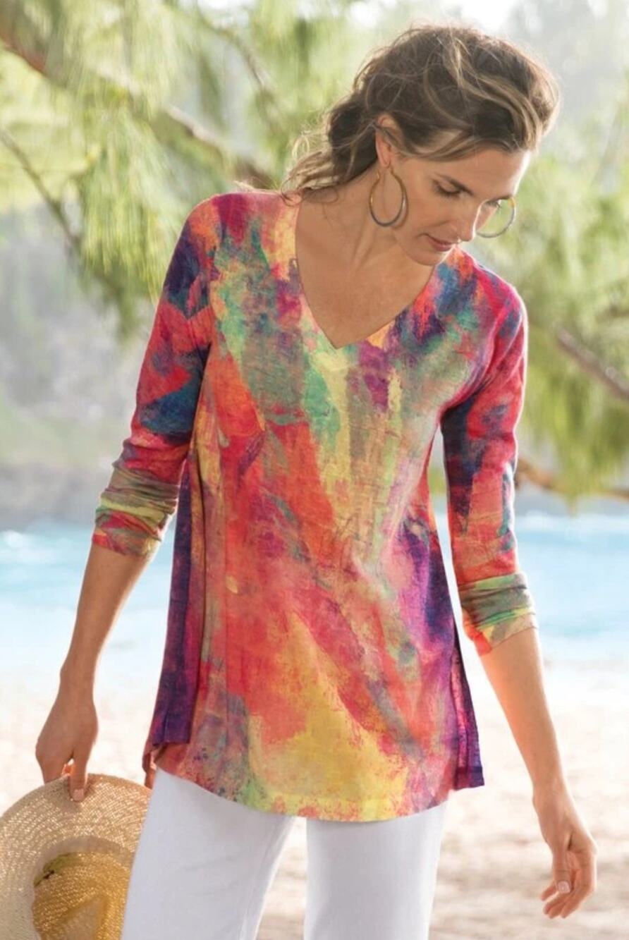 Soft Surroundings Plein de Couleurs Abstract Knit Top L Boho Watercolor Sweater